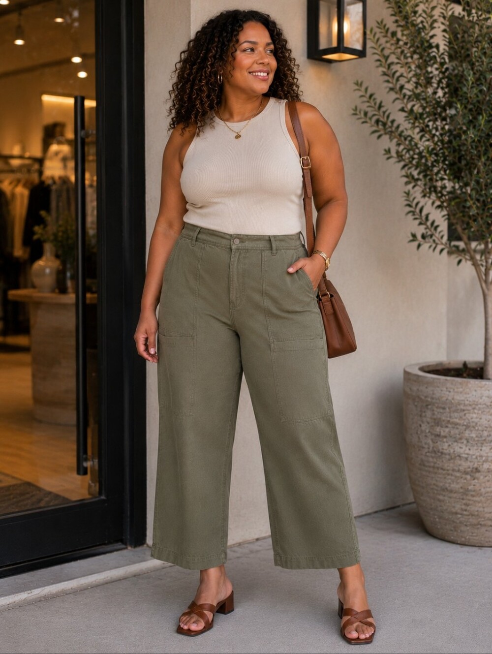 Broadway 38 Olive Green Utility Wide Leg Cropped Jeans Size 16